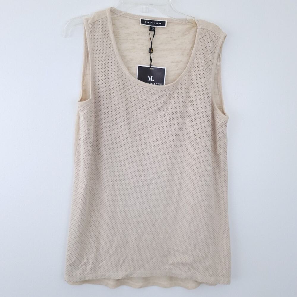 New Melanie Lynn Sleeveless Blouse Tank Small Beige Tan, Faux Suede Perforated
